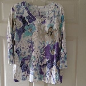 Chico's Artistic Floral Long Sleeve Top - Purple, Blue, White